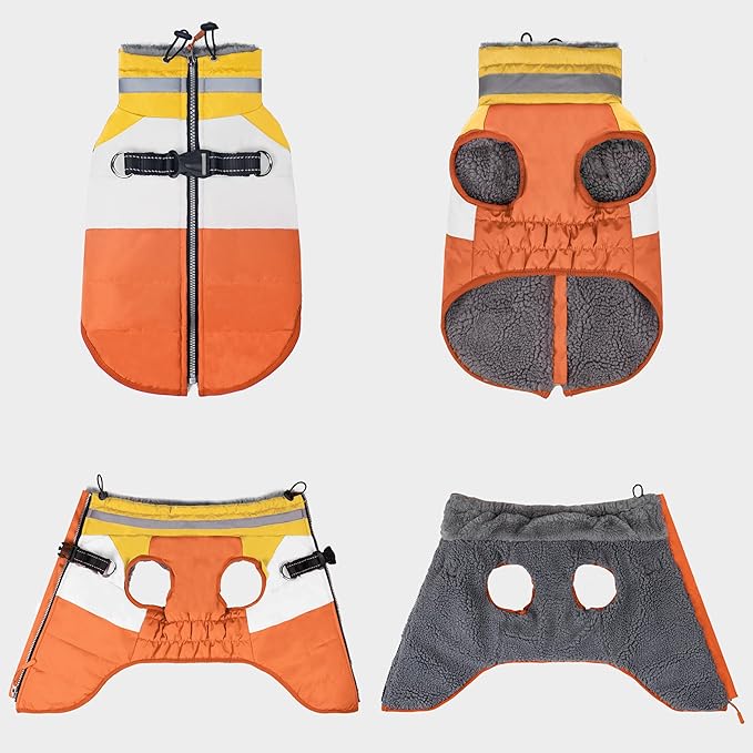 azuza Dog Jacket Waterproof Winter Coat for Small Dogs, Warm Fleece Vest with Reflective Strips & Built-in Harness, Windproof Back Zipper, Orange S