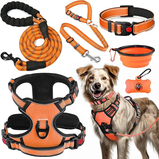 No Pull Dog Harness, Collar & Leash Set | Includes Dog Seat Belt, Collapsible Bowls & Poop Bag Dispenser. Ideal for Training, Walking, Hiking. Fits Small to Large Dogs(Orange-L)