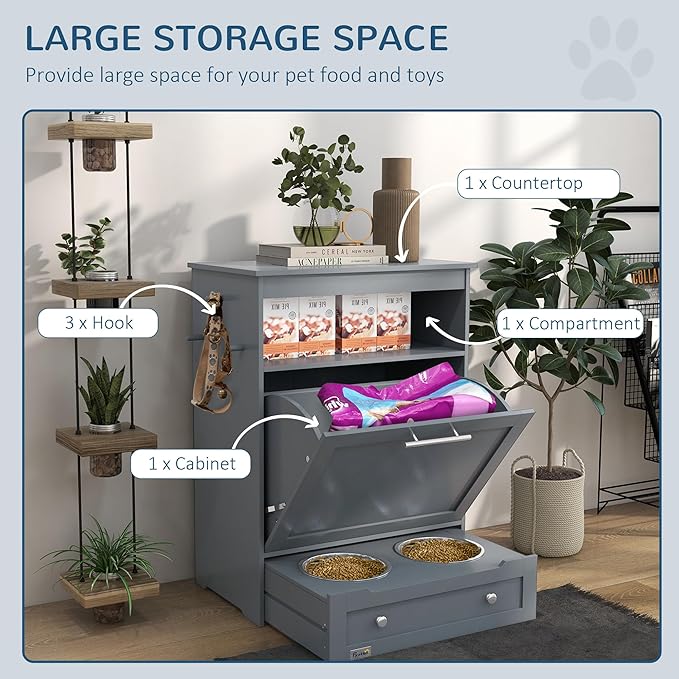 PawHut Dog Feeding Station, Dog Food Storage Pet Feeder Cabinet Container with Raised Bowls and Hanger for Feeding & Watering Supplies, Gray