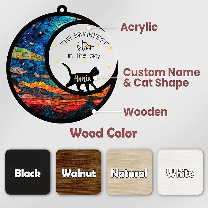 Cat Memorial Suncatcher Personalized Name Pet Ornament Window Car Hanging Sympathy Gift for Loss of Pet Bereavement Keepsake Remembrance Gifts for Cat Lovers Outdoor Decor