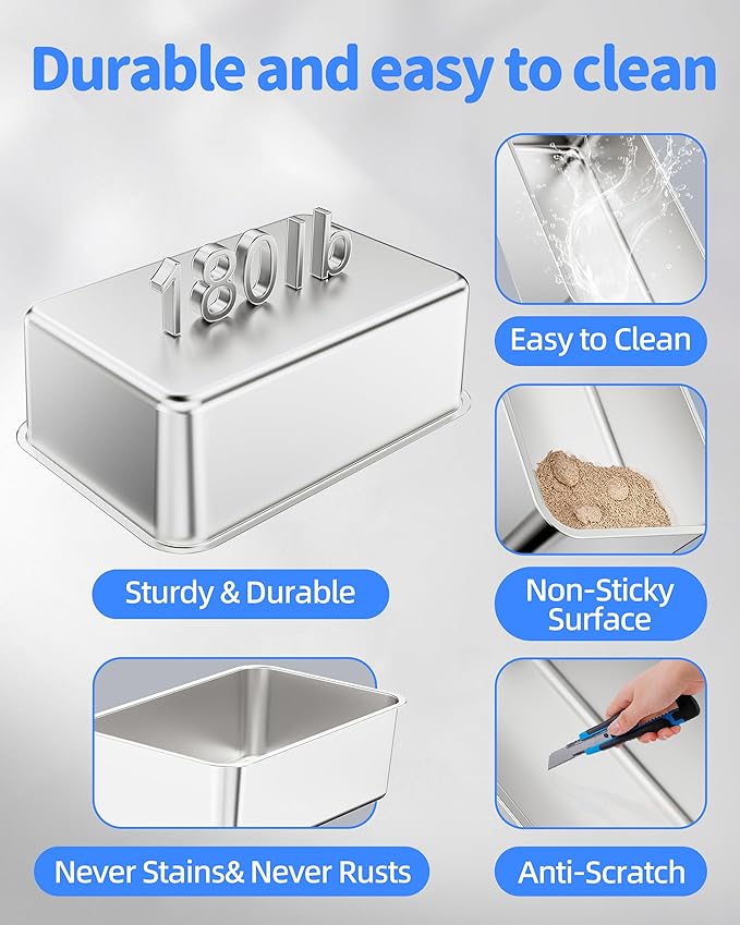 Stainless Steel Litter Box Set- [6-in-1] Large Cat Litter Box with Pedal, Mat, Scoop, Brush, Cat Wands, Non-Sticky Metal Litter Box for Cat, Kitty, Odorless, Easy Clean (23.6"x15.7"x6", 3 Pack)