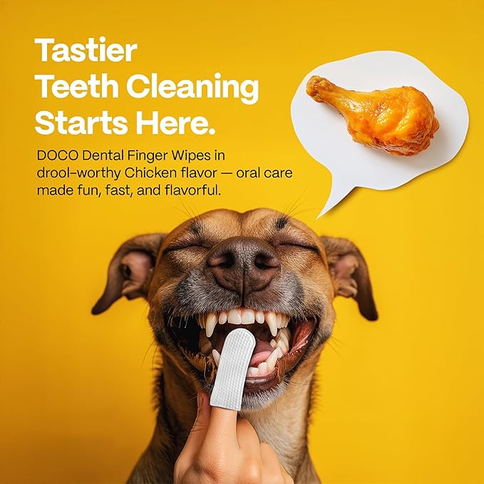 DOCO Dog Teeth Cleaning Wipes - Dog Tooth Brushing Kit, Remove Plaque & Tartar, Freshen Breath, No Rinse, Easy Pet Tooth Cleaning Kit for Oral Care, Ideal for Cat Owners - Chicken Flavor, 50 ct.