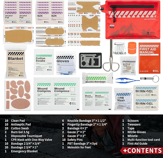 RHINO RESCUE Small First Aid Kit Ultralight Waterproof Medical Kit for Hiking, Backpacking, Cycling, Travel, Vehicles, 114pc