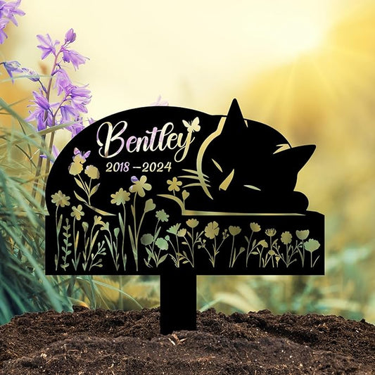 Sleeping Cat Grave Markers Outdoor, Weatherproof Metal Pet Headstone with Name & Date, Outdoor Grave Marker for Cats – Variety of Sizes & Finishes