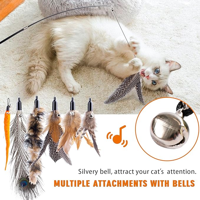 Retractable Cat Wand Toys - Interactive Feather Wand with Bell for Indoor/Outdoor Cats, 8 Pack