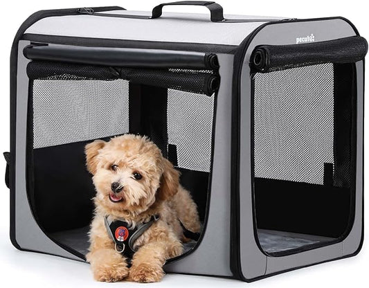 Dog Car Carrier Light Weight, Dog Carrier for Car Easy to Assemble, Dog Car Crate Portable and Breathable, Foldable Pet Carrier for Both Indoor and Outdoor Use, Dog Travel Crate with Curtain Gray