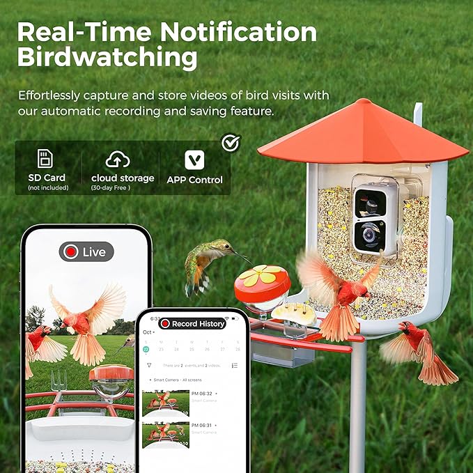PerchMe® Bird Feeder with Camera,Solar Smart Bird Feeder with 1080P HD AI Identify Bird Species, Real Time Views and Notifications,DIY Add-ons & Hummingbird Feeder,Ideal Gift for Bird Watching Lover