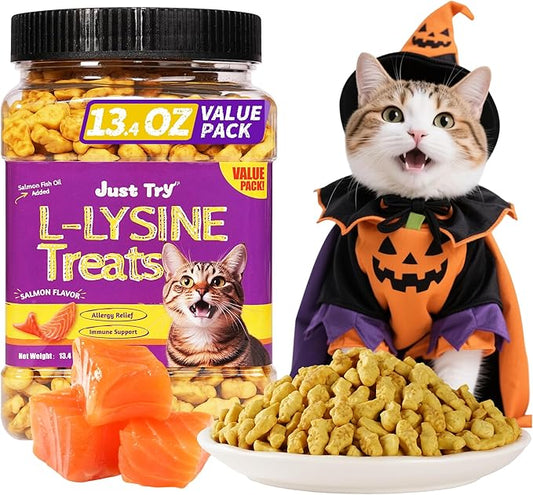 Just Try 13.4 OZ Lysine Cat Treats Natural Salmon Flavor Healthy Cat Training Biscuits Snacks Lysine Dental Care Treats for Cats & Kittens