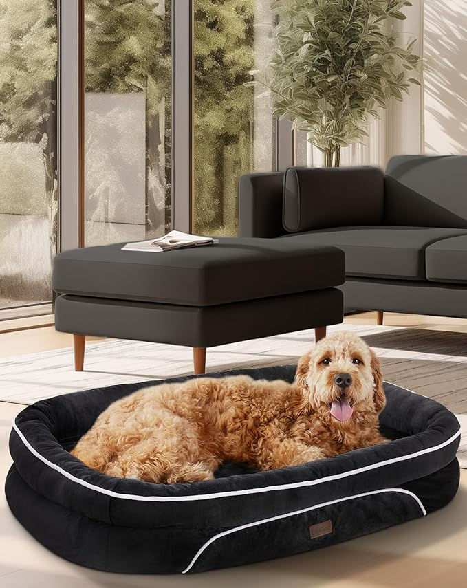 OhGeni Orthopedic Jumbo Dog Couch Pet Sofa XL Sized Cat Beds with Comfort Foam Support, Soft Comfortable Fabric, Machine Washable Waterproof Removable Cover, 42-Inch (Black)