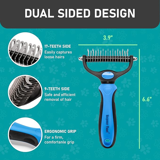 Maxpower Planet Pet Grooming Brush - Double Sided Shedding and Dematting Undercoat Rake Comb for Dogs and Cats,Extra Wide (B1 - Rake, Gloves & Comb, Large)