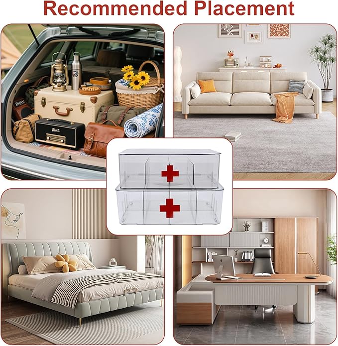 2 Pack First Aid Box, Acrylic Medicine Kit Case Organizer Empty, Divided Medicine Box First Aid Storage Box Kit with Hinge Lid, Emergency Supplies Storage Box for Home Office (Clear)