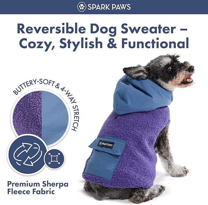 Spark Paws Reversible Dog Sweater, Sherpa Jacket Vest with Warm Fleece Lining, Warm Coat for Winter, Suitable for Small Medium, Large, XL XXL Dogs - Purple and Navy Blue - L