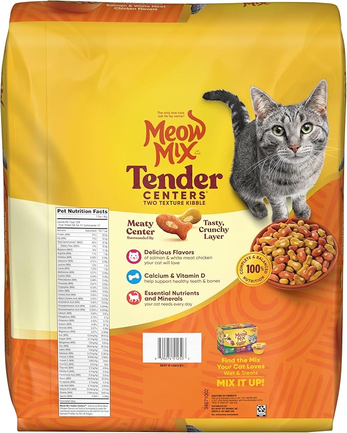Meow Mix Tender Centers Salmon & White Meat Chicken Flavors Cat Food, 3 Pound (Pack of 4), Crunchy Outside Meaty Inside