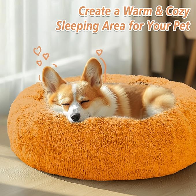 JOLLYVOGUE Calming Dog & Cat Bed for Small Dogs, Anti-Anxiety Donut Cuddler Cozy Soft Round Bed with Anti-Slip Bottom, Fluffy Faux Fur Plush Cushion Beds for Small Medium Dogs (27")