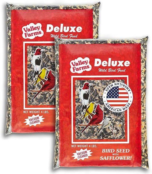 Valley Farms Deluxe Blend 4 LB 2-Pack (8 LBS Total) Wild Bird Food for Outside Feeders with Black Oil Sunflower Seed and Safflower Seed for Birds - A Select Birdseed