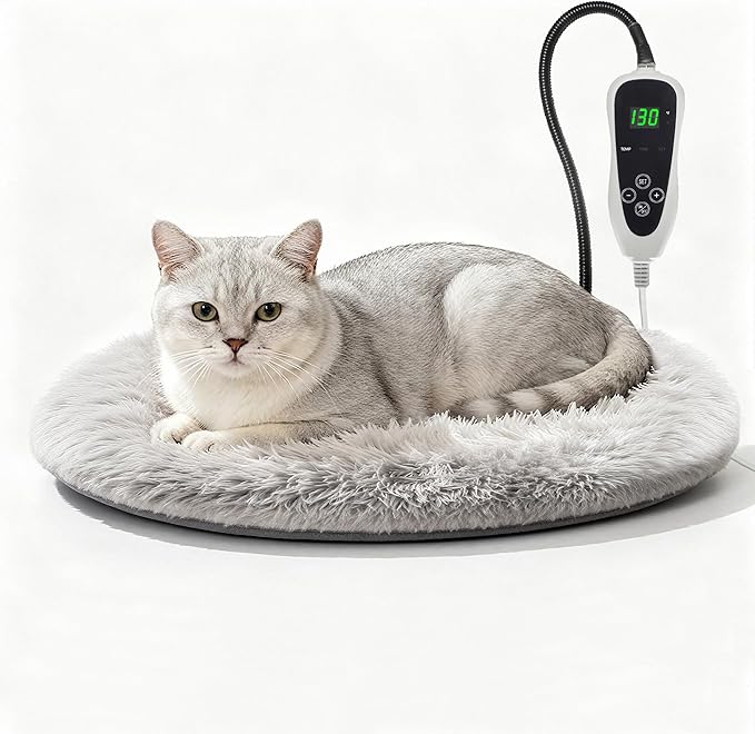 Cat Heating Pad, 16 in Round Pet Heating Pad,Cat Blankets for Indoor Cats Smart Temperature Control Switch Electric Steel Wire Protection Tube Plush Fabric Cover - Grey