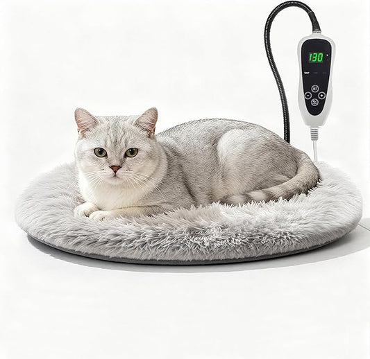 Cat Heating Pad, 16 in Round Pet Heating Pad,Cat Blankets for Indoor Cats Smart Temperature Control Switch Electric Steel Wire Protection Tube Plush Fabric Cover - Grey
