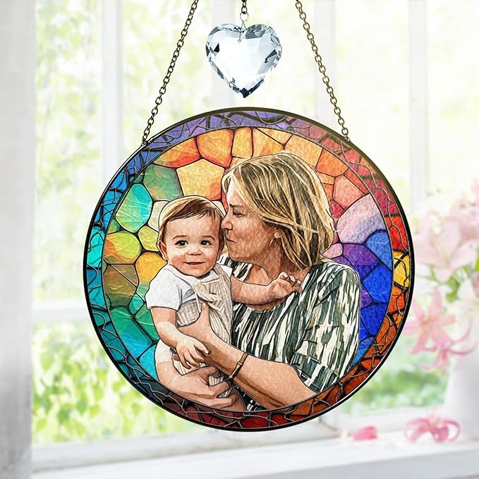 Personalized Grandma Stained Glass Suncatcher, Photo Family Faux Stained Glass Window Hanging Ornament, Custom Grandparent Day 2025 Gifts for Grandma, Birthday Gift for Dad, Grandpa