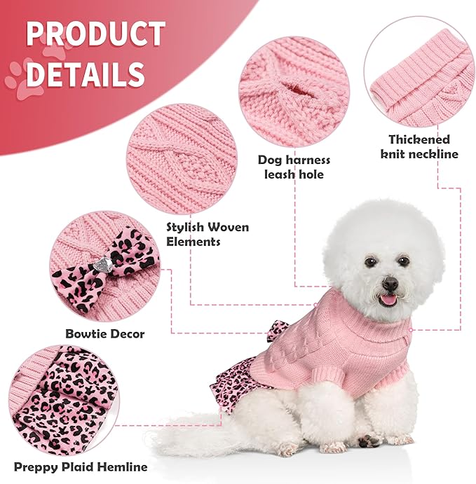 WOYYHO Girl Dog Sweater Dress with Bowtie Turtleneck Small Dogs Sweater with Leash Hole, Knitted Small Dog Sweaters Dress Puppy Winter Clothes for Yorkies Chihuahua (Medium, Pink Leopard)