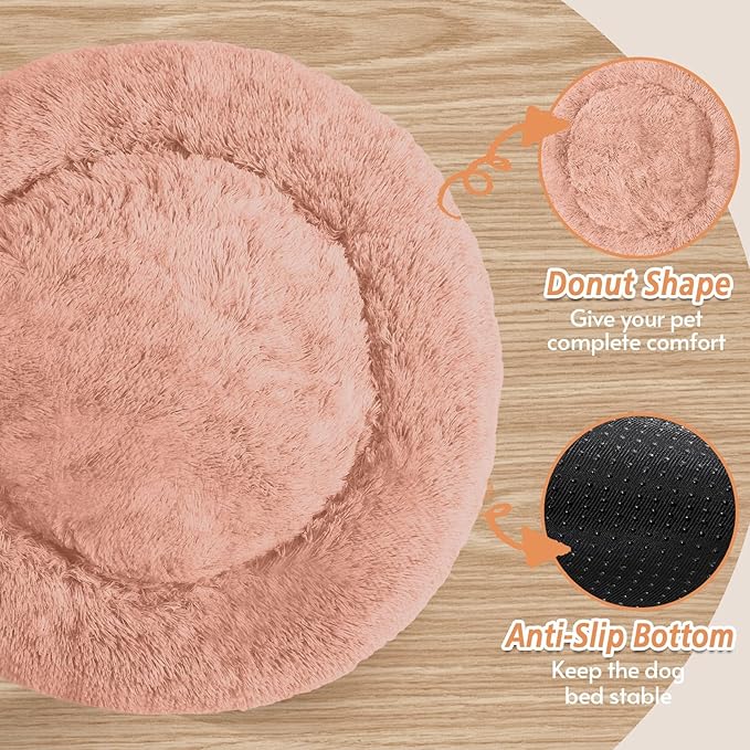 JOLLYVOGUE Calming Dog & Cat Bed for Large Dogs, Anti-Anxiety Donut Cuddler Cozy Soft Round Bed with Anti-Slip Bottom, Fluffy Faux Fur Plush Cushion Beds for Medium Dogs (36")