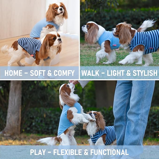 KYEESE 2Pack Dog Shirts Striped T Shirt Cotton Tank Top Soft Tee for Small Dogs Lightweight Clothes Sleeveless Dog Vest, Medium,Dark Blue+Striped