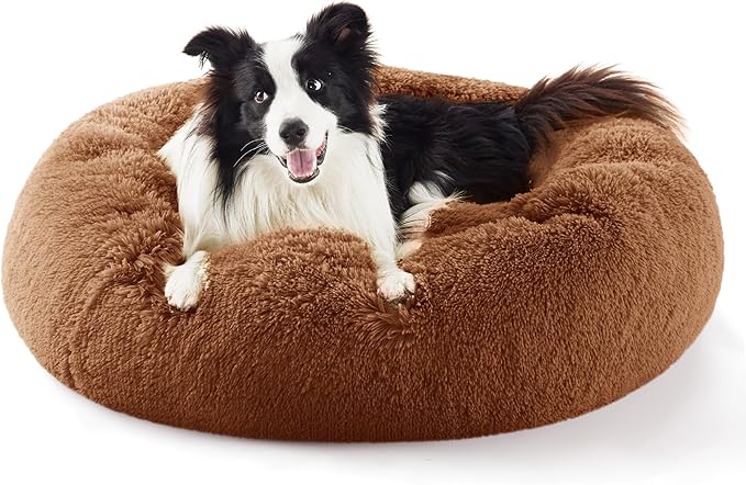 Bedsure Calming Dog Bed for Large Dogs - Donut Washable Large Pet Bed, 36 inches Anti-Slip Round Fluffy Plush Faux Fur Dog Bed, Fits up to 80 lbs Pets, Copper