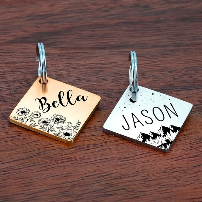 Ultra Joys Stainless Steel Pet ID Tags - Personalized Front and Back Engraving, Customized Dog and Cat Tags, Optional Engraved on Both Sides, Diamond Flower Silver Large