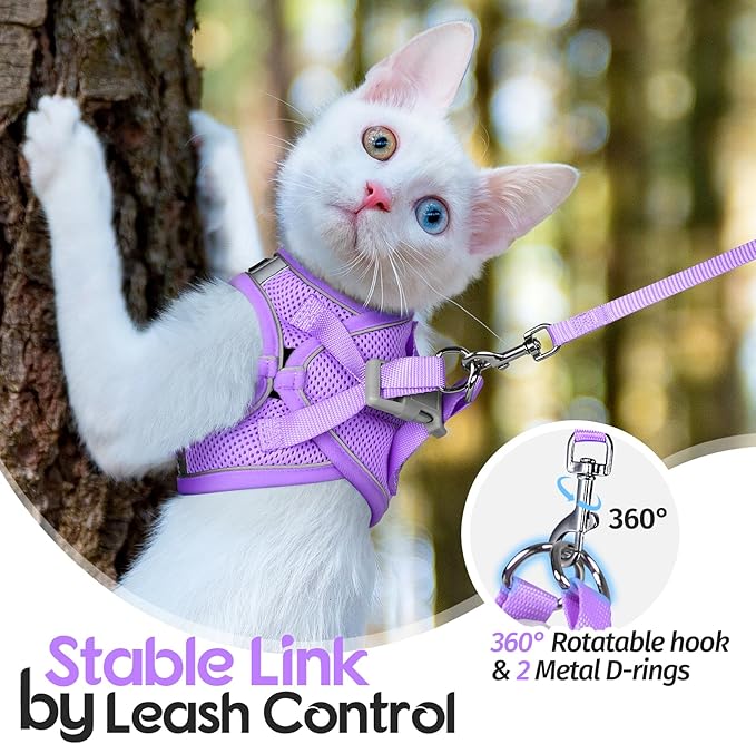 Dooradar Cat Harness and Leash Set, Escape Proof Lightweight Kitten Harness, Soft Breathable Reflective Vest for Outdoor Walking Traveling, Adjustable for Medium Cats, Grey & Purple, M