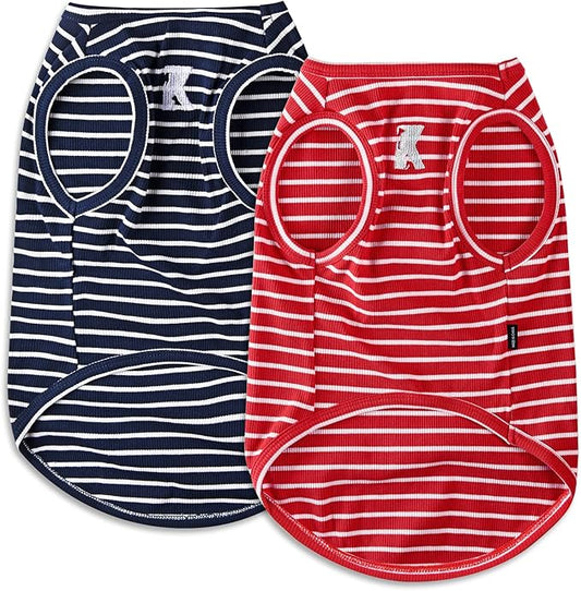 Koneseve Dog Shirt Vest Lightweight Stretchy Dog T-Shirts Soft Cool Sleeveless Stripe Vests Breathable Clothes for Puppy Kitty Cats Small Medium Large Dogs 2 Pack Red + Blue [L/Large]