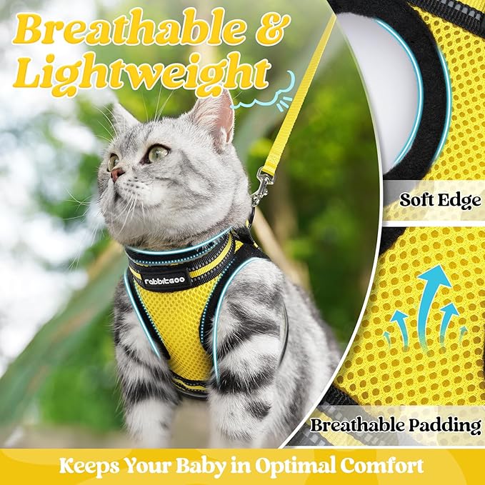 rabbitgoo Cat Harness and Leash Set for Walking Escape Proof, Adjustable Soft Kittens Vest with Reflective Strip for Cats, Comfortable Outdoor Vest, Bright Yellow, M