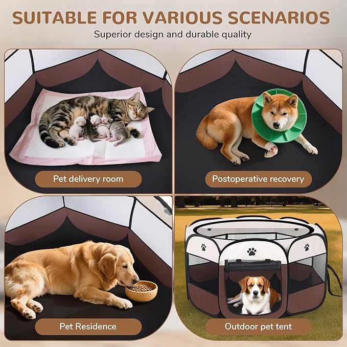 Pop-up Playpen for Puppy, Portable and Foldable Exercise Kennel Tent Crate Indoor/Outdoor Travel Camping, Removable Zipper Top