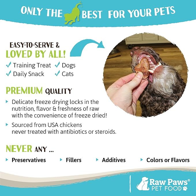 Raw Paws Freeze Dried Chicken Hearts for Dogs & Cats, 4-oz Whole - Made in USA - Freeze Dried Chicken Dog Treats Single Ingredient Treats for Cats