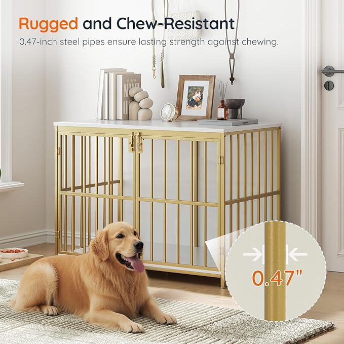 HOOBRO 38.6" Dog Crate Furniture, Wooden Dog Kennel Indoor, Heavy Duty Dog Cage for Small/Medium Dog, Decorative Side End Table, White and Gold DW100GW03