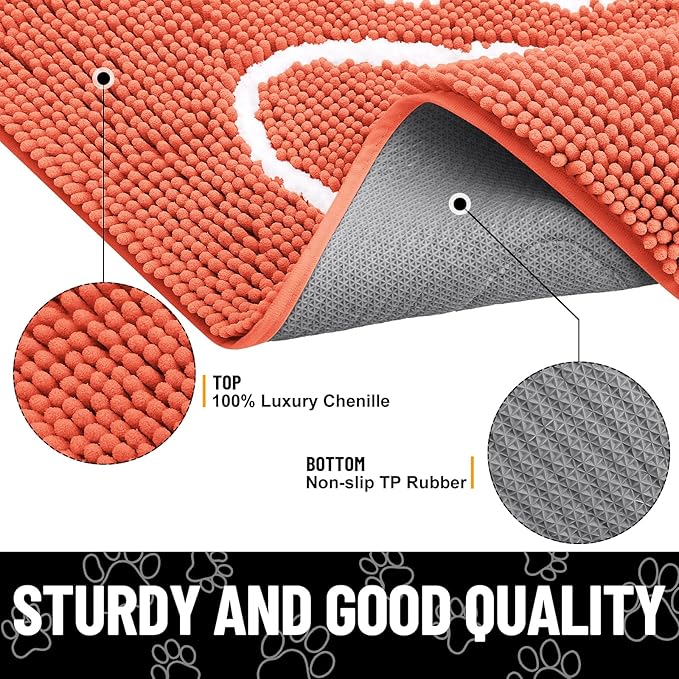 Smiry Dog Door Mat for Muddy Paws, Absorbent Dirt Trapper Non Slip Quick Dry Washable Chenille Mat for Mud Dogs, Entry Rug for Indoor and Outdoor (36x24 Inches, Coral)