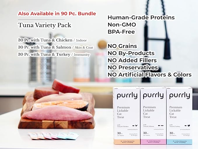 Purrly Cat Treat Snack Wet Lickable Low Calorie Healthy Grain-Free Tuna Variety Packs (18 Count) Squeezable Creamy Purée with Human-Grade Proteins and Functional Nutrients No-Artificial-Additives