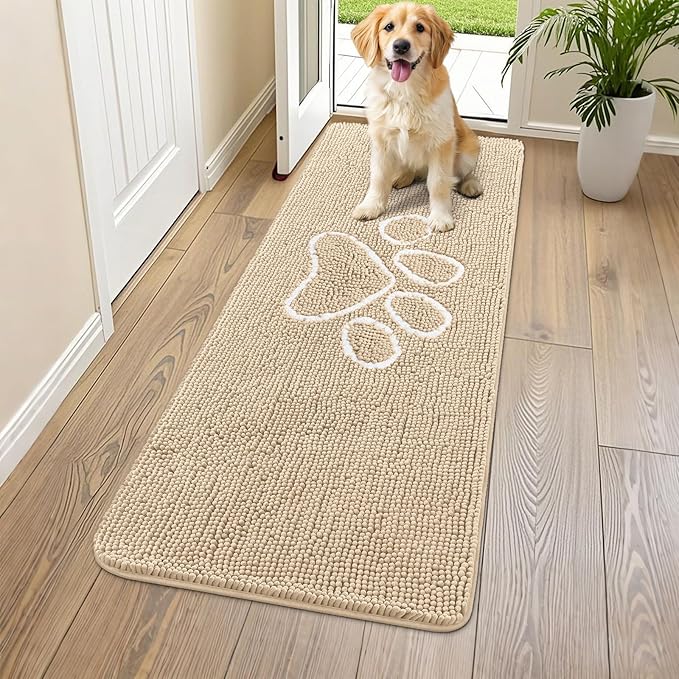 Smiry Dog Door Mat for Muddy Paws, Absorbent Dirt Trapper Non Slip Quick Dry Washable Chenille Mat for Mud Dogs, Entry Rug for Indoor and Outdoor (59x24 Inches, Beige)