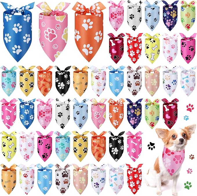 Abbylike 100 Pcs Paw Print Dog Bandanas Bulk Soft Triangle Kerchief Bibs Scarf Set for Pets Dogs Walking Photo Props Pets Shops Adoption Events Halloween Gifts Party Costume (25.6 x 17.7 x 17.7 Inch)