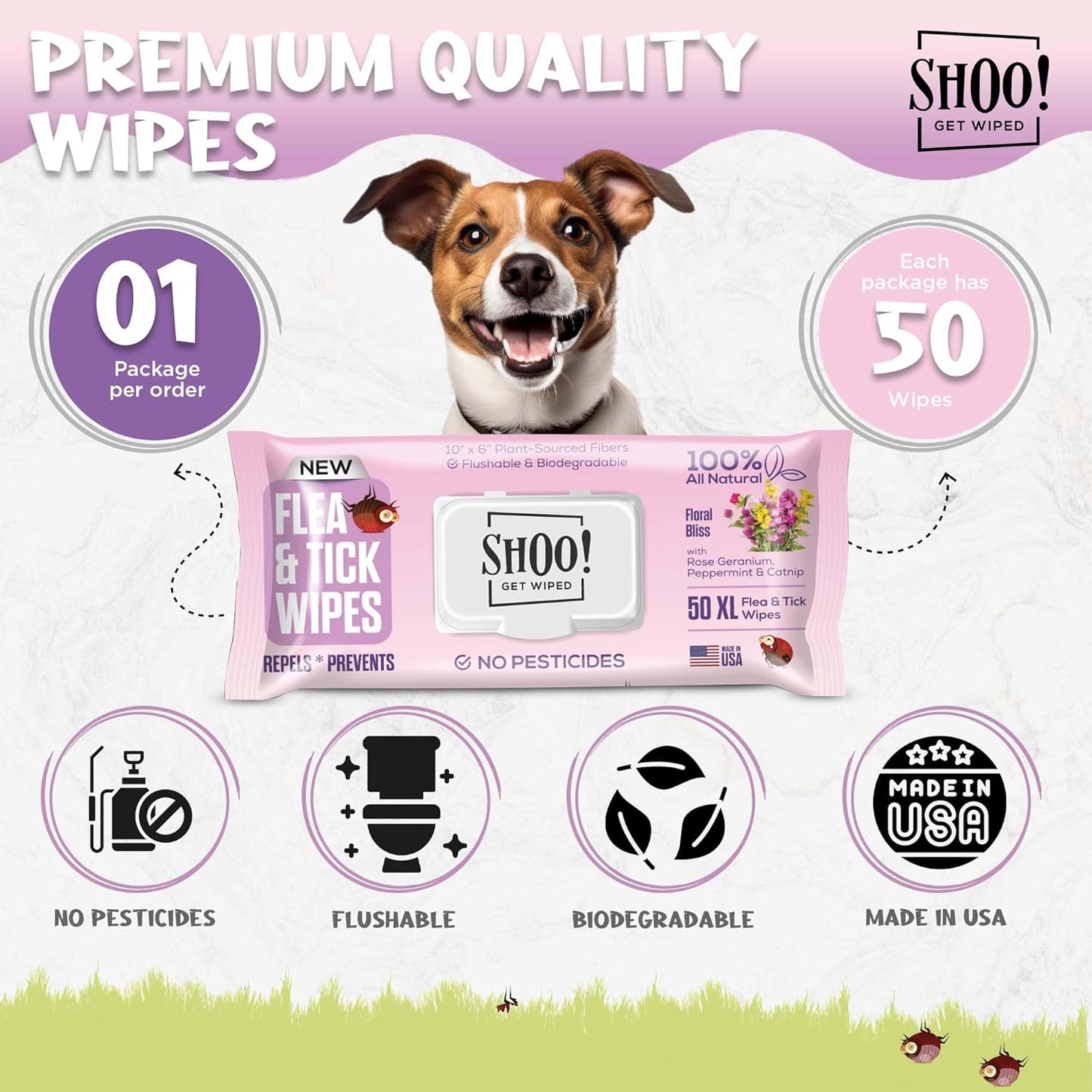 Shoo! Flea & Tick Wipes for Dogs | Convenient, Easy On-The-Go Protection | Plant Based, Natural Oils, Chemical Free | Repels & Prevents | 50 XL Wipes | (Floral Bliss)
