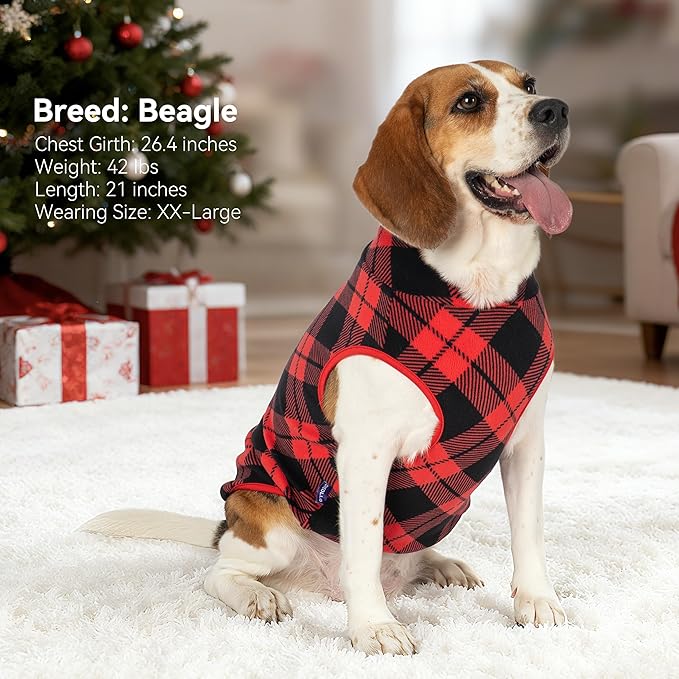 cyeollo 2 Pack Dog Fleece Sweater Stretchy Sweatshirt Pullover Dog Vest with Reflective Stripe Pet Clothes Lightweight Pet Sweaters for Medium Dogs Size, Red & Buffalo Plaid XL