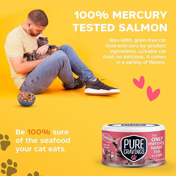 Pure Cravings Wet Cat Food Canned Salmon Cutlets in Gravy, 100% Mercury-Tested, Moist Can Fish for Cats, Grain-Free, Protein, Non-GMO, Pack of 12