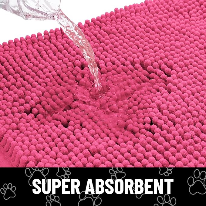Smiry Dog Door Mat for Muddy Paws, Absorbent Dirt Trapper Non Slip Quick Dry Washable Chenille Mat for Mud Dogs, Entry Rug for Indoor and Outdoor (36x24 Inches, Hot Pink)