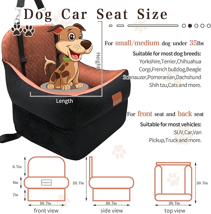 Dog Booster Car Seat for Small/Medium Dogs up to 30 lbs,Interior 7 Inches Elevated Pet Booster Seat,Ultra Soft Fabric and Memory Foam Car Dog Bed,Safety,Comfy,Fully Detachable Washable(H-Black/Brown)