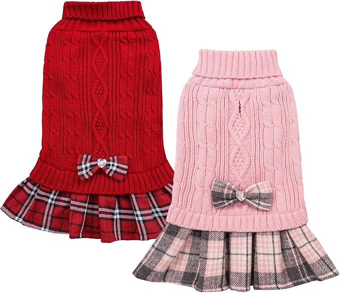 WOYYHO 2 Pack Girl Dog Sweater Dress with Bowtie Turtleneck Knitted Small Dog Sweater Dress with Leash Hole, Puppy Winter Clothes Warm Sweaters for Yorkies Chihuahua (Large, Pink+Red)