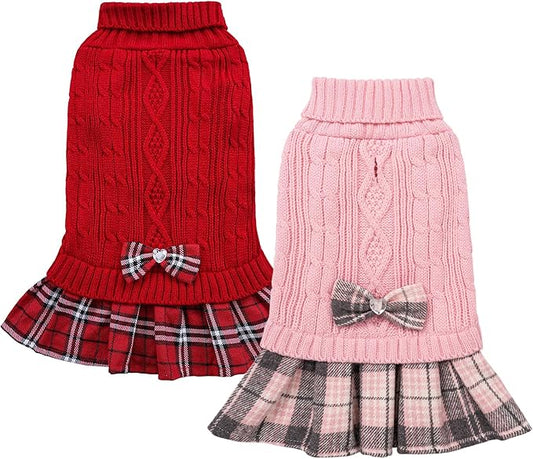 WOYYHO 2 Pack Girl Dog Sweater Dress with Bowtie Turtleneck Knitted Small Dog Sweater Dress with Leash Hole, Puppy Winter Clothes Warm Sweaters for Yorkies Chihuahua (Medium, Pink+Red)