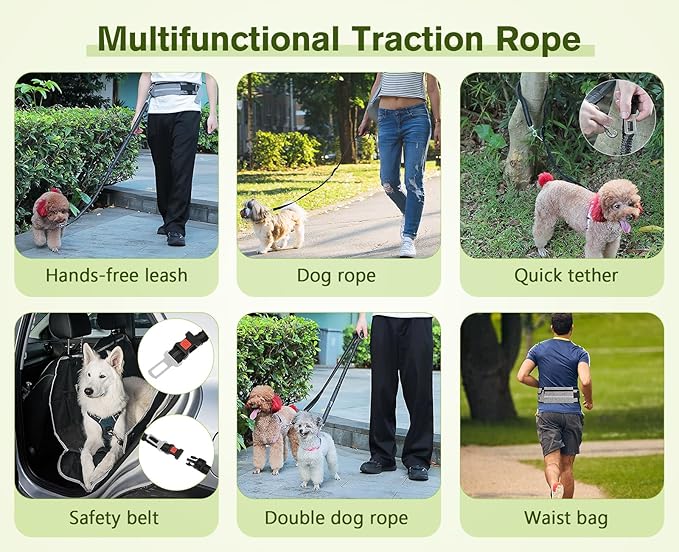 Pecute Hands Free Dog Leash with Pouch, Waist Belt Fanny Pack with Soft Padds, Dual Padded Handles and Durable Bungee for Walking, Hiking, Jogging Biking, and Running (Up to 220lbs)