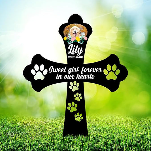 Personalized Dog Memorial Cross Garden Stake with Photo, Custom Picture UV Printed Metal Grave Marker, Image in Loving Memory Outdoor Decor Pet Loss Sympathy Gifts for Dogs Lover