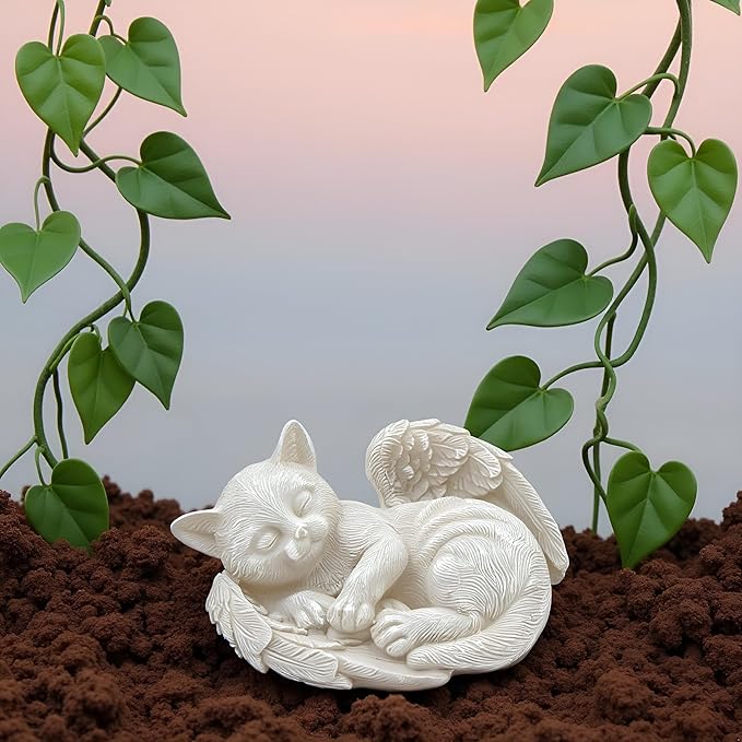 Small Cat Memorial Stone Commemorates Our Lost Fur Baby,Peaceful Sleeping Angel Statue for Garden,Indoor,Pet Grave Markers,and Loss of Cat Sympathy Gift (Milky White, Small)