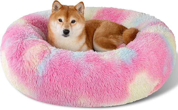 Dog Calming Beds for Small Medium Large Dogs - Round Donut Washable Puppy Dog Bed, Anti-Slip Faux Fur Fluffy Donut Cuddle Anxiety Cat Pet Bed(32'' Color)