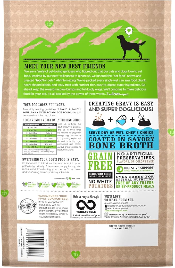 I and Love and You Baked and Saucy Dry Dog Food - Lamb + Sweet Potato - Prebiotic + Probiotic, Real Meat, Grain Free, No Fillers, 4lb Bag