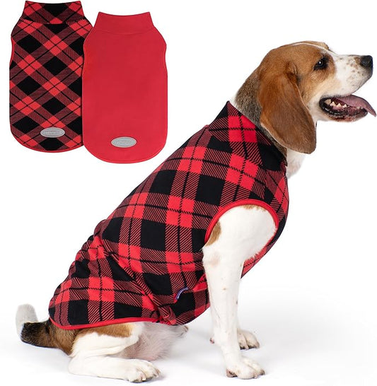 cyeollo 2 Pack Small Dog Sweater, Stretchy Doggy Sweatshirt Soft Fleece with Reflective Stripe Pullover Jacket Pet Puppy Clothes in Cold Weather Female Sweaters for Small Dogs, Red & Buffalo Plaid S